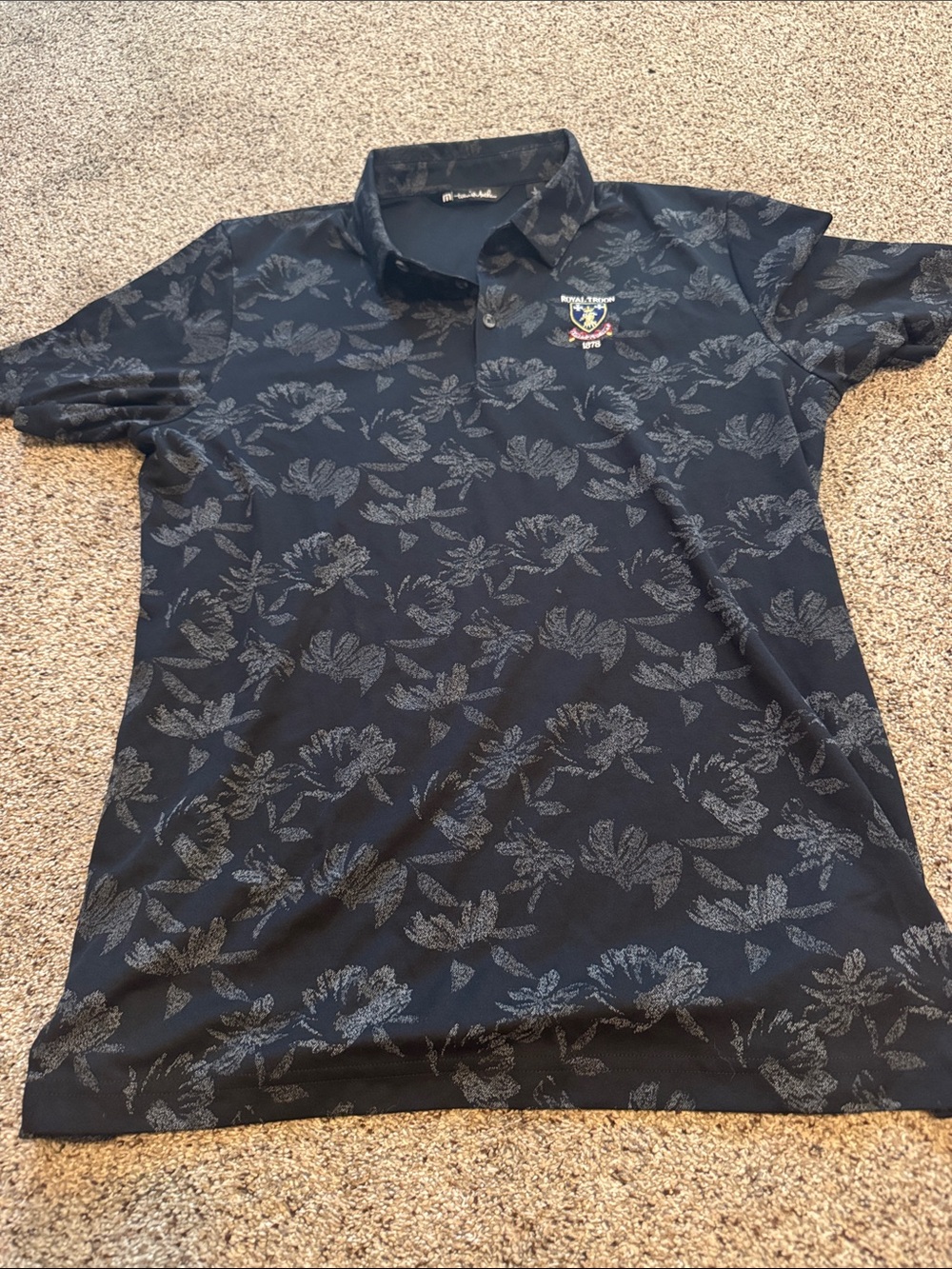 Travis Mathew Black Floral All-over-print Polo size L- Royal Troon Embroidered - Picture 1 of 6